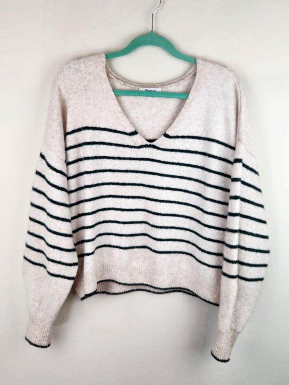 Madewell Cotton Wool Blend Wedged V-Neck Sweater in Luxury Forest Stripe sz L